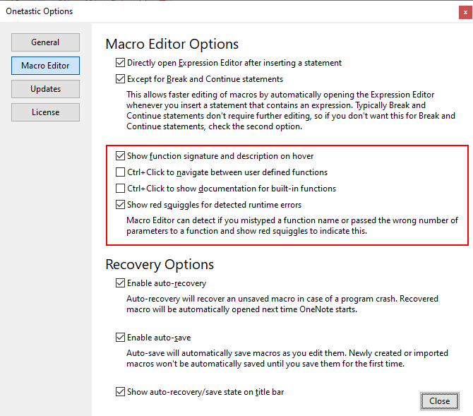 Macro Editor options