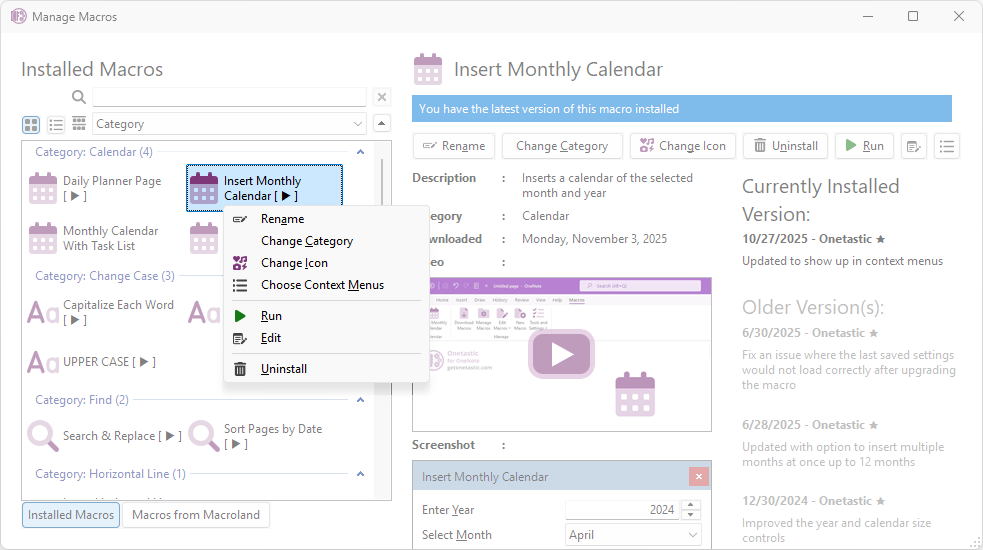 Manage Macros Context Menu