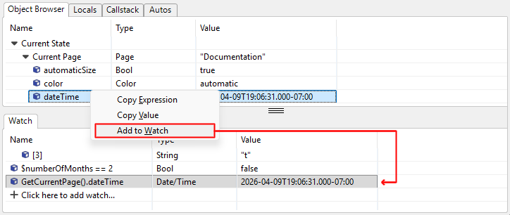 Right-click Add to Watch menu