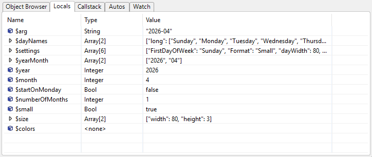 Locals window showing variables during debugging
