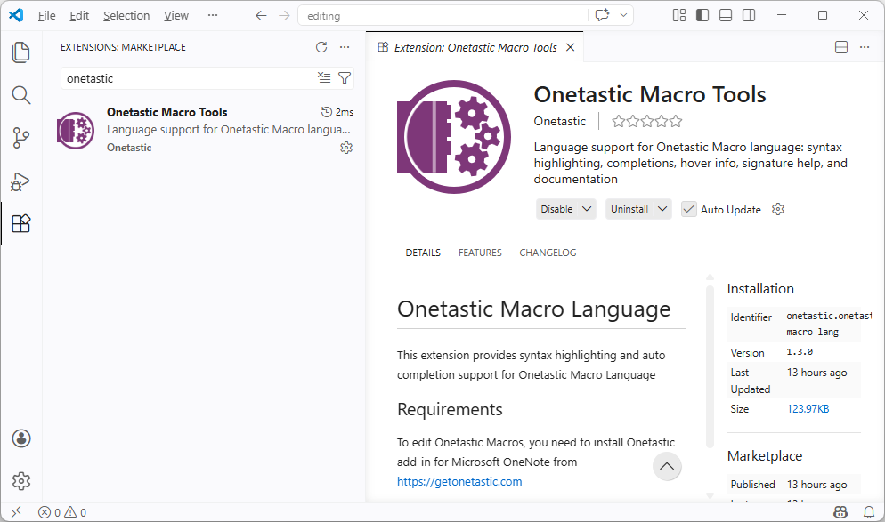 Onetastic VS Code extension on VS Code Marketplace