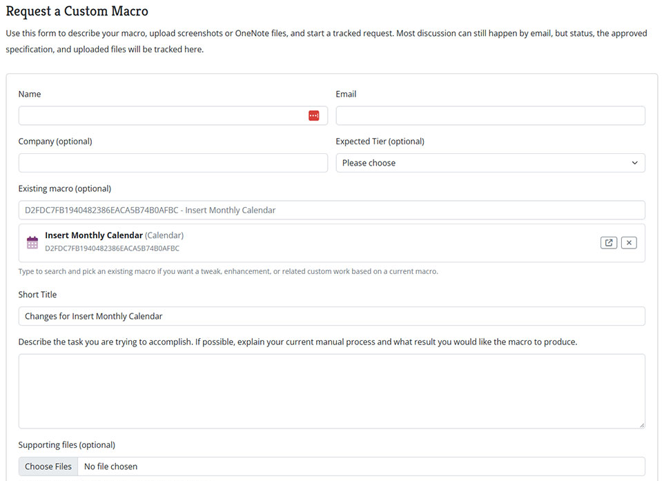 Custom Macro request form