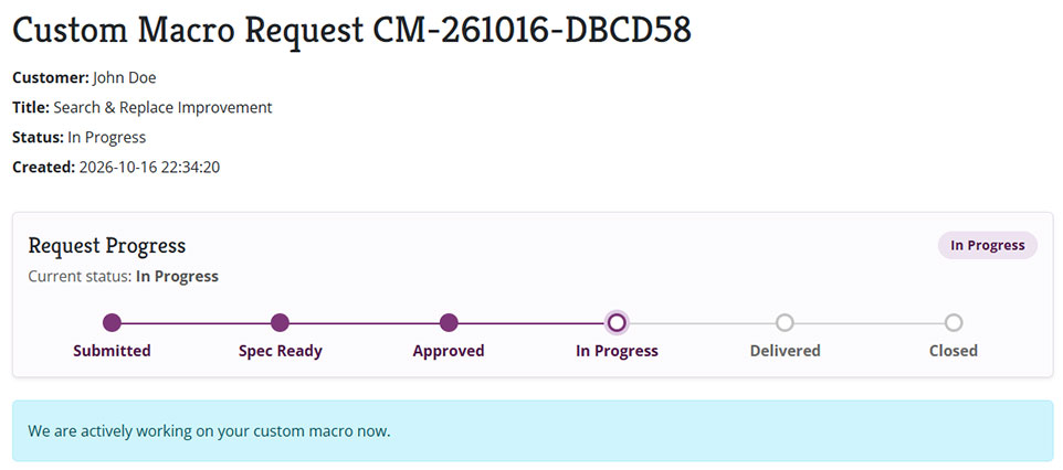 Request tracking page with status and payment