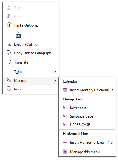 Macros in text context menu