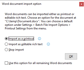 Batch File Import Word document import options dialog